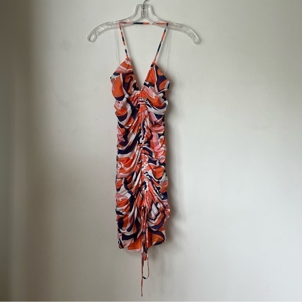 Princess Polly California Love Orange Blue White Swirl Mesh Ruched Mini Dress 2